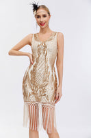 Load image into Gallery viewer, Sparkly Black Golden Bodycon Sleeveless 1920s Dress with Fringes