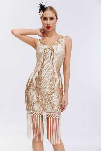 Sparkly Black Golden Bodycon Sleeveless 1920s Dress with Fringes