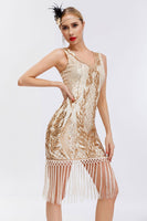 Load image into Gallery viewer, Sparkly Black Golden Bodycon Sleeveless 1920s Dress with Fringes