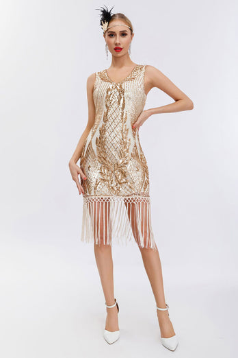 Sparkly Black Golden Bodycon Sleeveless 1920s Dress with Fringes