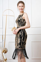 Load image into Gallery viewer, Black Golden Sparkly Bodycon V Back 1920s Dress with Fringes