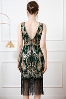 Load image into Gallery viewer, Black Golden Sparkly Bodycon V Back 1920s Dress with Fringes