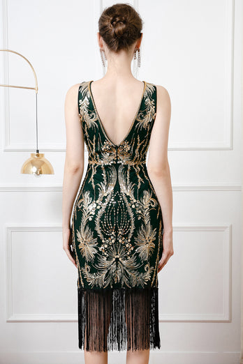 Black Golden Sparkly Bodycon V Back 1920s Dress with Fringes