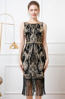 Load image into Gallery viewer, Black Golden Sparkly Bodycon V Back 1920s Dress with Fringes
