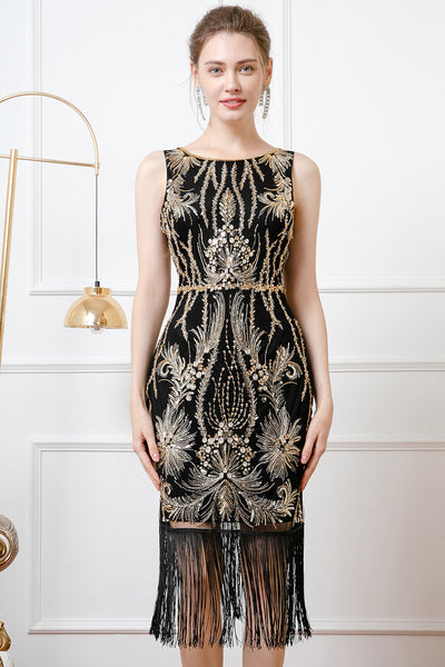 Black Golden Sparkly Bodycon V Back 1920s Dress with Fringes
