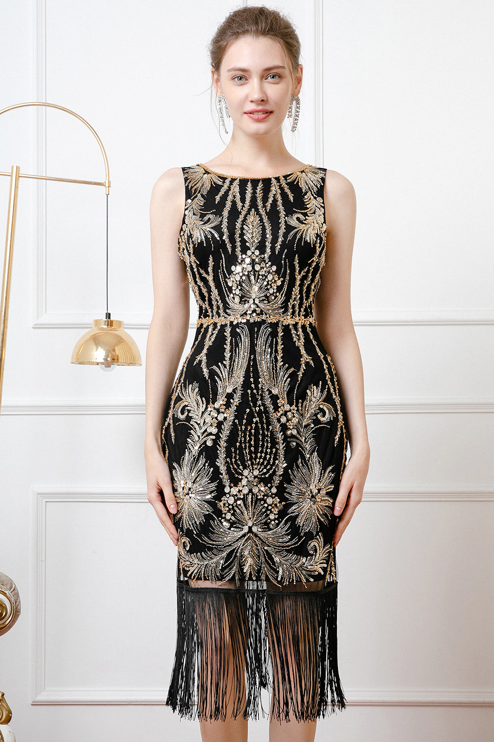 Black Golden Sparkly Bodycon V Back 1920s Dress with Fringes