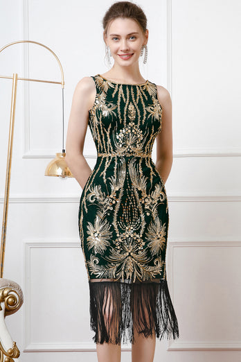 Black Golden Sparkly Bodycon V Back 1920s Dress with Fringes