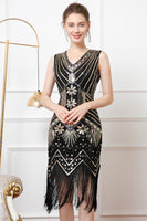 Load image into Gallery viewer, Black Golden Sparkly Bodycon 1920s Dress with Fringes