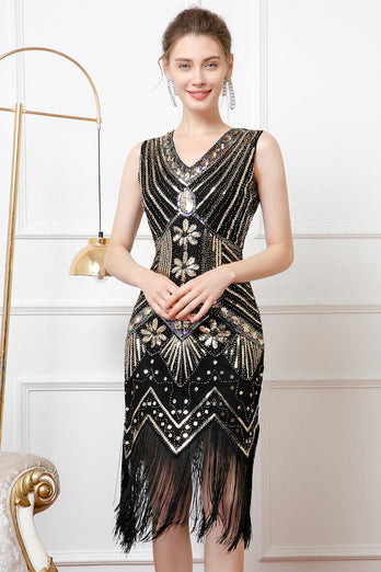 Black Golden Sparkly Bodycon 1920s Dress with Fringes