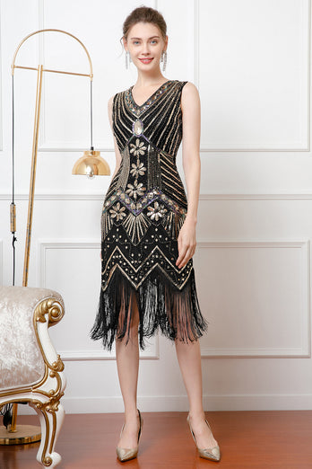 Black Golden Sparkly Bodycon 1920s Dress with Fringes