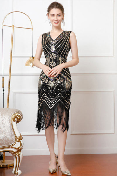 Black Golden Sparkly Bodycon 1920s Dress with Fringes