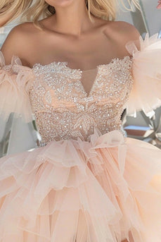 Sparkly Light Pink Organza Tiered Short Prom Dress with Appliques