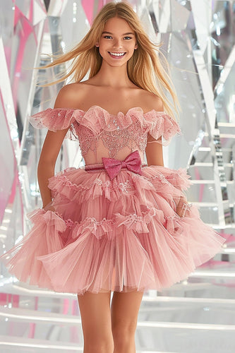Blush Organza A Line Ruffled Short Prom Dress with Appliques