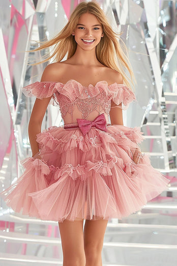 Blush Organza A Line Ruffled Short Prom Dress with Appliques