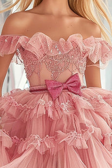 Blush Organza A Line Ruffled Short Prom Dress with Appliques