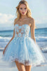 Load image into Gallery viewer, Sky Blue A Line Tulle Strapless Short Prom Dress with Lace