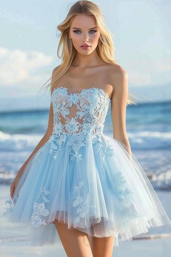 Sky Blue A Line Tulle Strapless Short Prom Dress with Lace