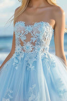 Load image into Gallery viewer, Sky Blue A Line Tulle Strapless Short Prom Dress with Lace