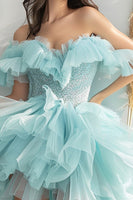 Load image into Gallery viewer, Sparkly Light Green Organza Tiered Short Prom Dress