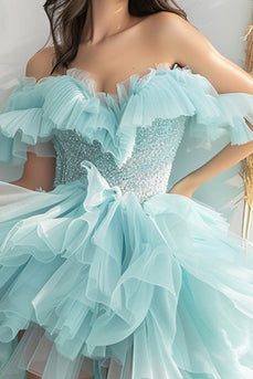 Sparkly Light Green Organza Tiered Short Prom Dress