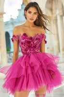 Load image into Gallery viewer, Floral Fuchsia A Line Organza Short Prom Dress with Appliques
