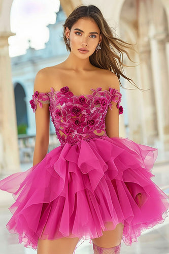 Floral Fuchsia A Line Organza Short Prom Dress with Appliques