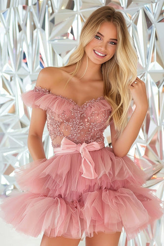 Sparkly Blush A Line Tulle Short Prom Dress