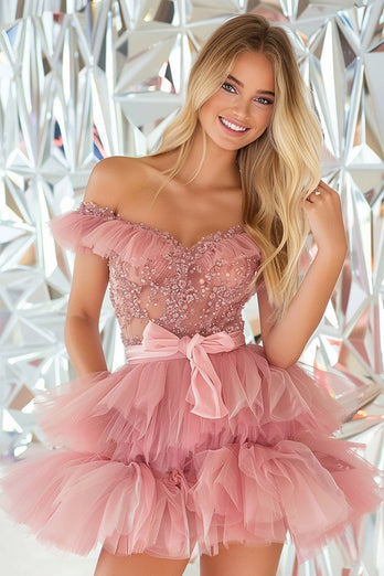 Sparkly Blush A Line Tulle Short Prom Dress