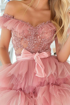 Sparkly Blush A Line Tulle Short Prom Dress