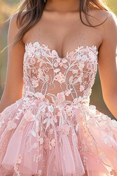 Blush Tulle Sweetheart Short Prom Dress with Lace