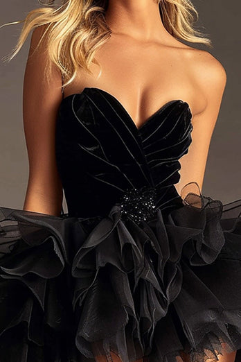 Black Tulle A Line Sweetheart Short Prom Dress with Ruffles
