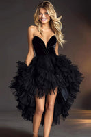 Load image into Gallery viewer, Black Tulle A Line Strapless High-Low Prom Dress