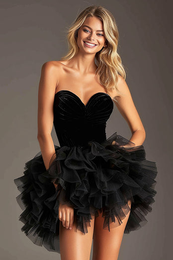 Black A Line Sweetheart Tulle Short Prom Dress with Ruffles