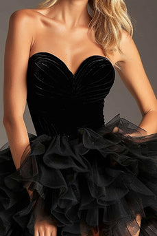 Black A Line Sweetheart Tulle Short Prom Dress with Ruffles