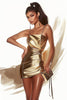 Load image into Gallery viewer, Golden Bodycon Satin Ruched Short Prom Dress