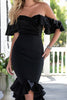Load image into Gallery viewer, Black Satin Mermaid Off the Shoulder Maxi Formal Dress with Ruffles