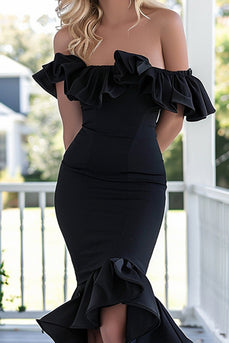 Black Mermaid Satin Off the Shoulder Maxi Formal Dress with Sleeves