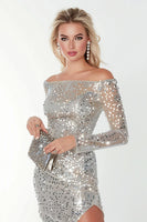 Load image into Gallery viewer, Sparkly Silver Sequin Bodycon Off the Shoulder Short Prom Dress