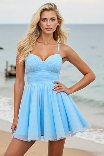 Light Blue Tulle A Line Ruched Short Prom Dress