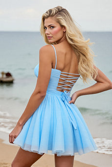 Light Blue Tulle A Line Ruched Short Prom Dress