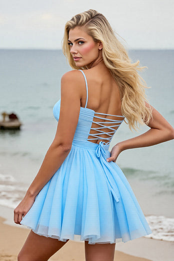 Light Blue Tulle A Line Ruched Short Prom Dress