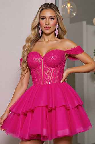 Fuchsia Corset Tulle A Line Short Prom Dress with Appliques