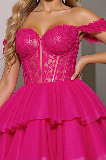Fuchsia Corset Tulle A Line Short Prom Dress with Appliques