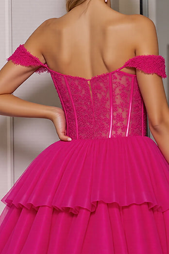 Fuchsia Corset Tulle A Line Short Prom Dress with Appliques