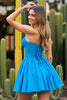 Load image into Gallery viewer, Blue A Line Strapless Ruched Short Prom Dress
