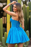 Load image into Gallery viewer, Blue A Line Strapless Ruched Short Prom Dress