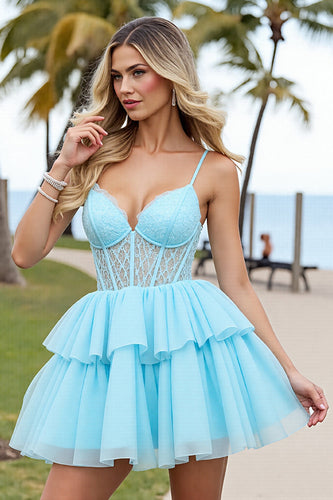 Light Blue Tulle Corset A Line Short Prom Dress with Appliques