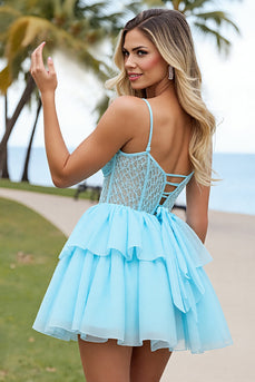 Light Blue Tulle Corset A Line Short Prom Dress with Appliques