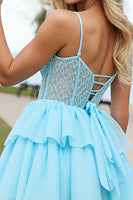 Load image into Gallery viewer, Light Blue Tulle Corset A Line Short Prom Dress with Appliques