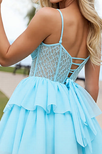 Light Blue Tulle Corset A Line Short Prom Dress with Appliques